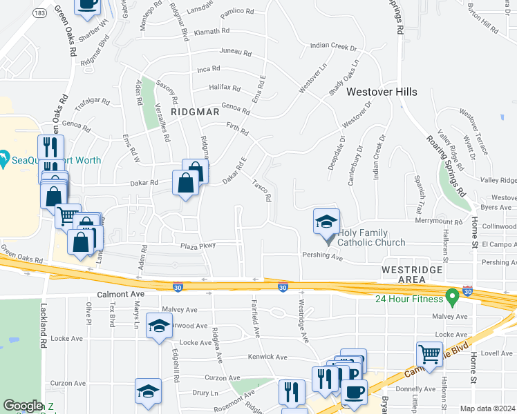 map of restaurants, bars, coffee shops, grocery stores, and more near 2303 Ridgmar Plaza in Fort Worth