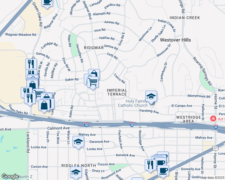 map of restaurants, bars, coffee shops, grocery stores, and more near 2303 Ridgmar Plaza in Fort Worth