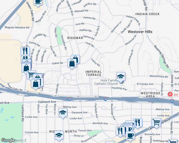 map of restaurants, bars, coffee shops, grocery stores, and more near 2303 Ridgmar Plaza in Fort Worth