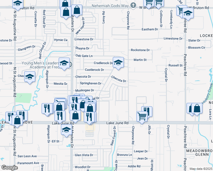 map of restaurants, bars, coffee shops, grocery stores, and more near 1525 Amity Lane in Dallas