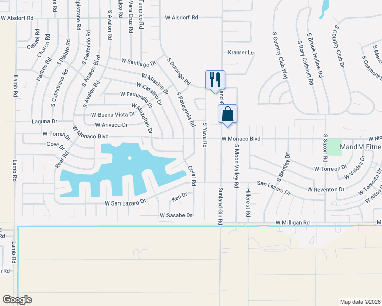 map of restaurants, bars, coffee shops, grocery stores, and more near 15532 South Patagonia Road in Arizona City