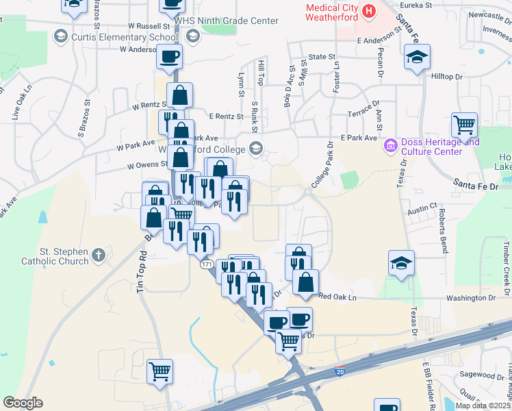 map of restaurants, bars, coffee shops, grocery stores, and more near 206 College Park Drive in Weatherford