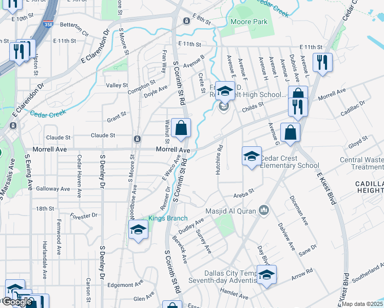map of restaurants, bars, coffee shops, grocery stores, and more near 1622 Morrell Avenue in Dallas