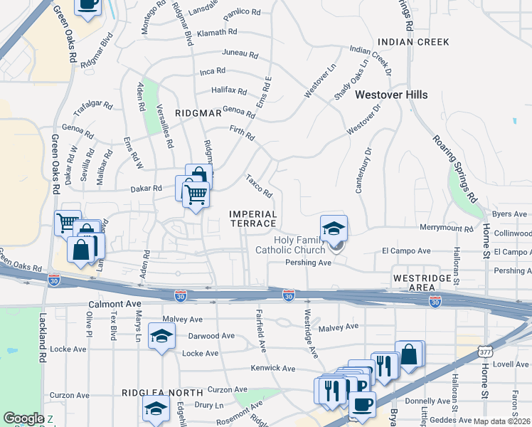 map of restaurants, bars, coffee shops, grocery stores, and more near 2200 Taxco Road in Fort Worth