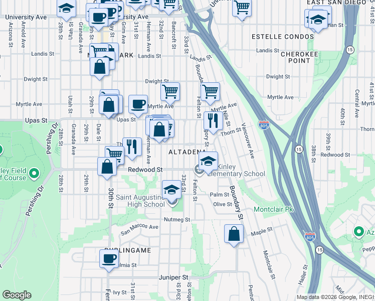 map of restaurants, bars, coffee shops, grocery stores, and more near 3227 33rd Street in San Diego