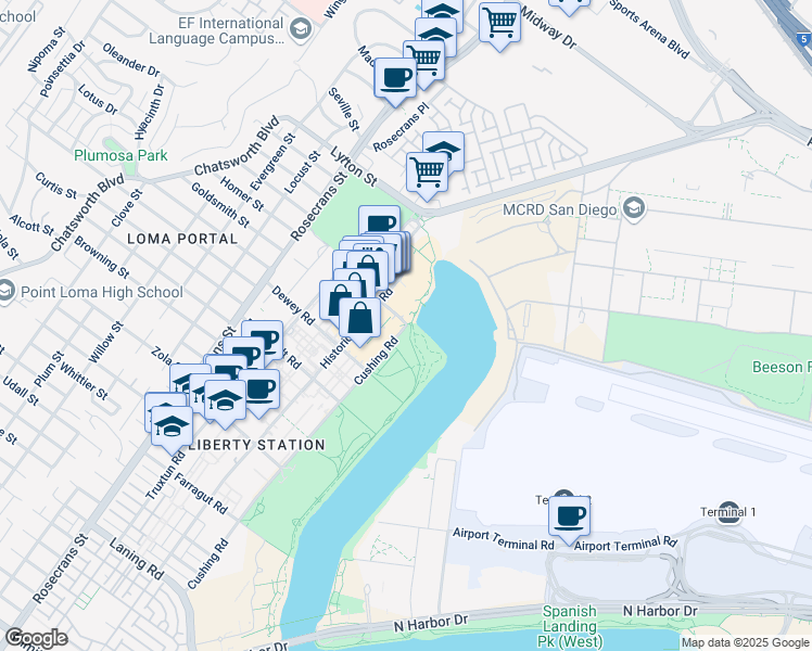 map of restaurants, bars, coffee shops, grocery stores, and more near 2701 Chauncey Road in San Diego