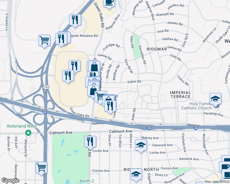 map of restaurants, bars, coffee shops, grocery stores, and more near 6600 Lands End Court in Fort Worth