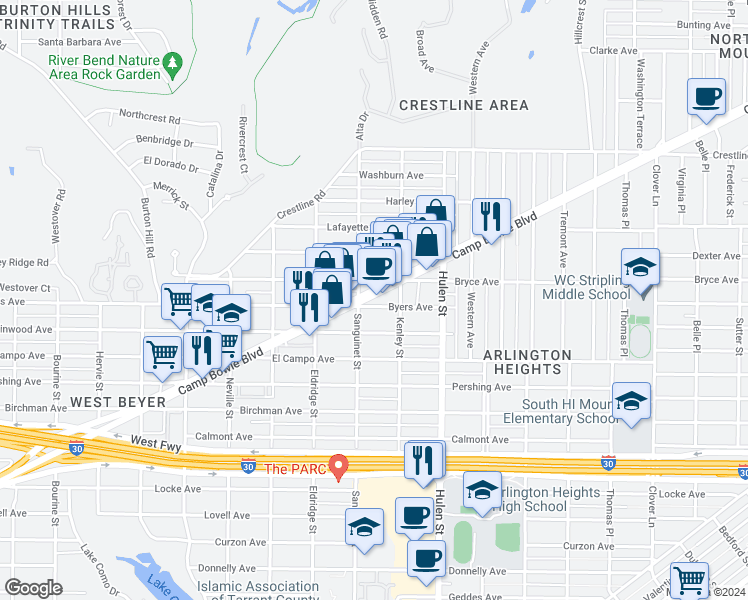 map of restaurants, bars, coffee shops, grocery stores, and more near 2070 Kenley Street in Fort Worth
