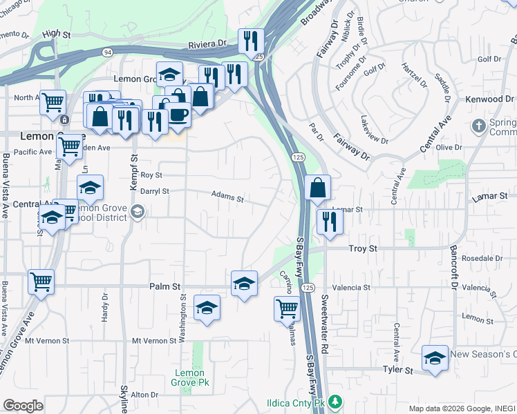 map of restaurants, bars, coffee shops, grocery stores, and more near 8395 Golden Avenue in Lemon Grove