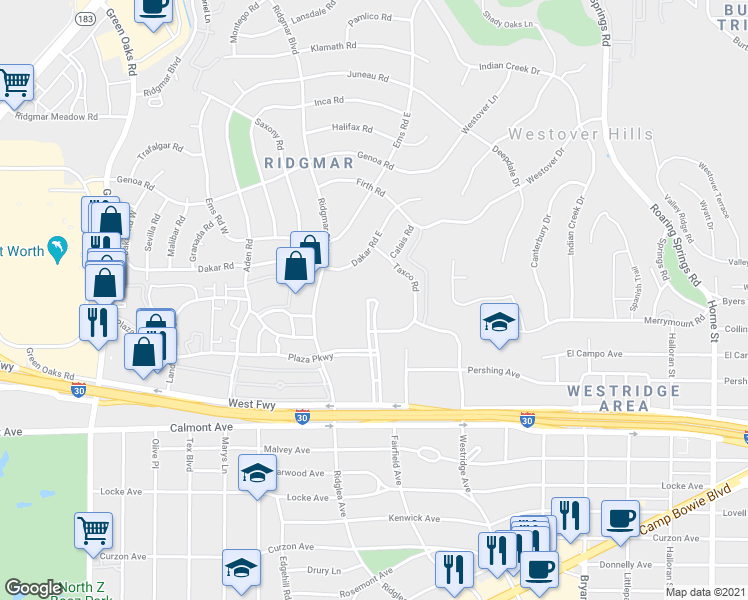 map of restaurants, bars, coffee shops, grocery stores, and more near 2303 Ridgmar Plaza in Fort Worth