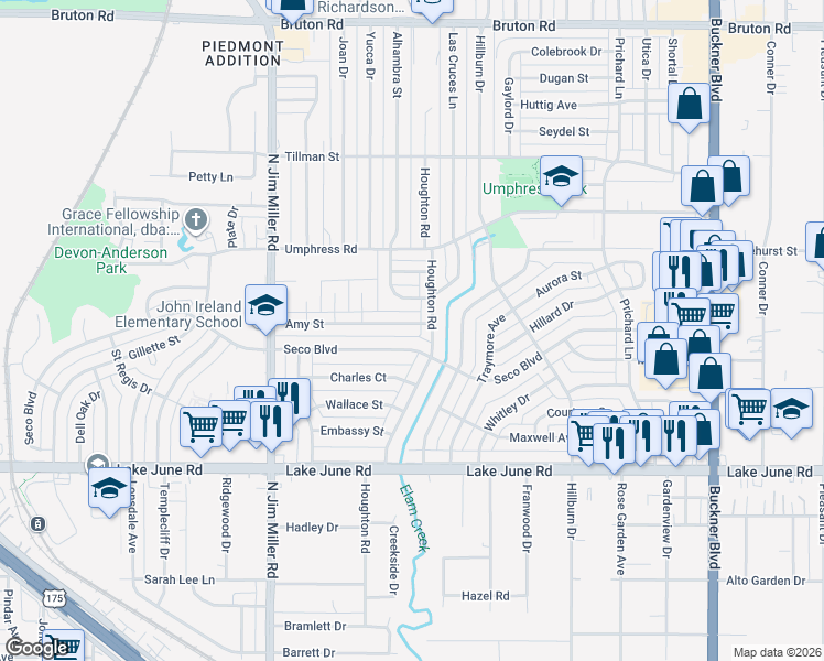map of restaurants, bars, coffee shops, grocery stores, and more near 7348 Amy Street in Dallas