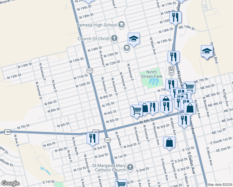map of restaurants, bars, coffee shops, grocery stores, and more near 900 North 8th Street in Lamesa