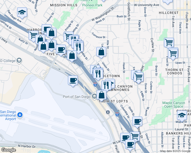 map of restaurants, bars, coffee shops, grocery stores, and more near 3470 Columbia Street in San Diego