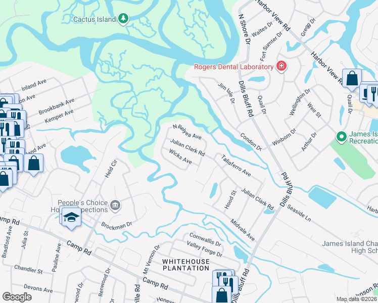 map of restaurants, bars, coffee shops, grocery stores, and more near 1307 Julian Clark Road in Charleston