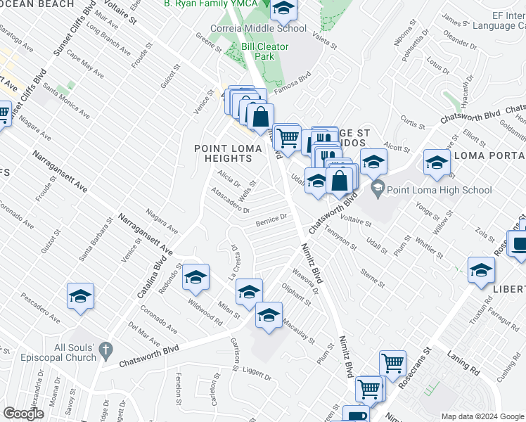 map of restaurants, bars, coffee shops, grocery stores, and more near 3863 Atascadero Drive in San Diego