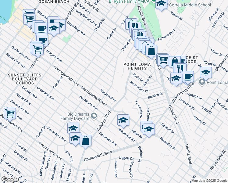 map of restaurants, bars, coffee shops, grocery stores, and more near 4253 Newport Avenue in San Diego