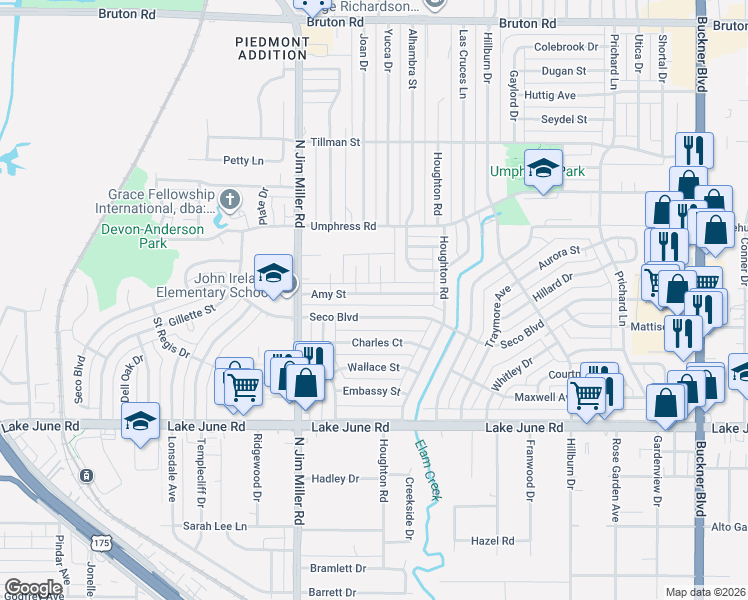 map of restaurants, bars, coffee shops, grocery stores, and more near 7226 Amy Street in Dallas