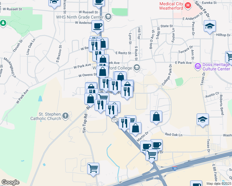 map of restaurants, bars, coffee shops, grocery stores, and more near 177 College Park Dr in Weatherford