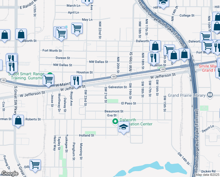 map of restaurants, bars, coffee shops, grocery stores, and more near 2027 Galveston Street in Grand Prairie