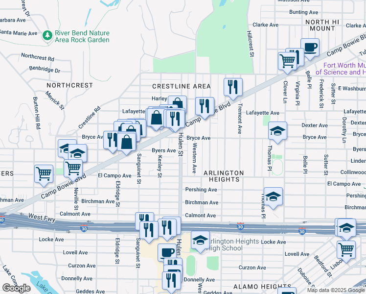 map of restaurants, bars, coffee shops, grocery stores, and more near 4538 Byers Avenue in Fort Worth