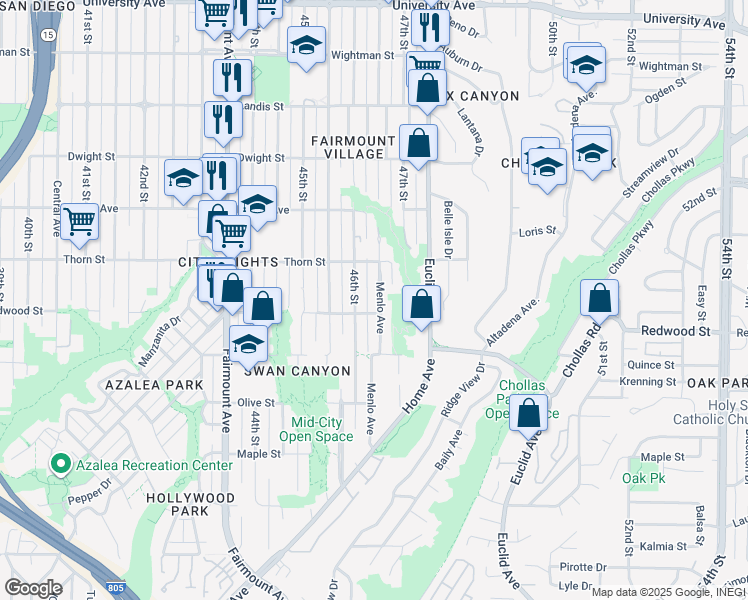 map of restaurants, bars, coffee shops, grocery stores, and more near 3124 Menlo Avenue in San Diego