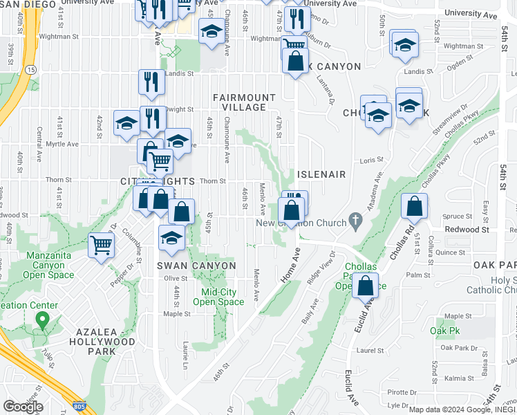 map of restaurants, bars, coffee shops, grocery stores, and more near 3124 Menlo Avenue in San Diego