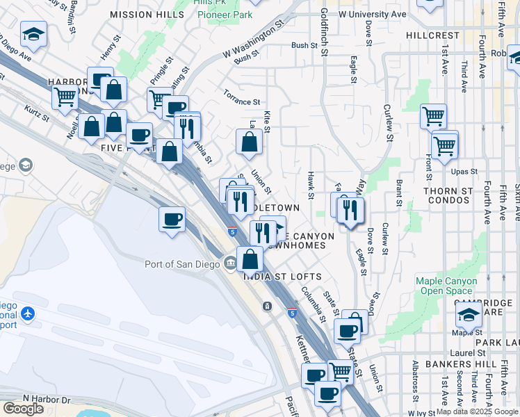 map of restaurants, bars, coffee shops, grocery stores, and more near in San Diego