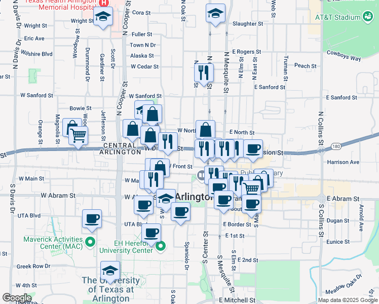 map of restaurants, bars, coffee shops, grocery stores, and more near 200 West Division Street in Arlington