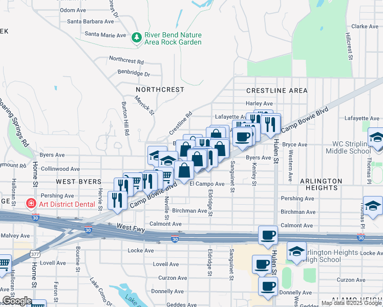map of restaurants, bars, coffee shops, grocery stores, and more near 4936 Byers Avenue in Fort Worth