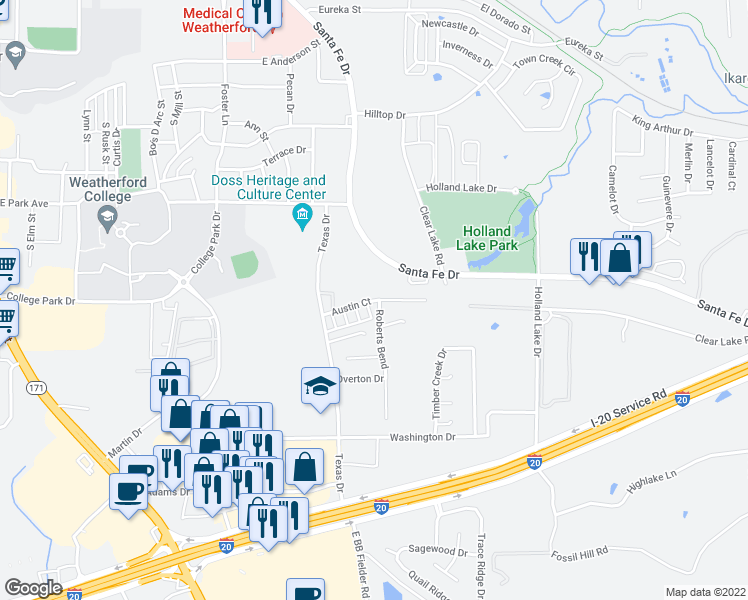 map of restaurants, bars, coffee shops, grocery stores, and more near 928 Austin Court in Weatherford