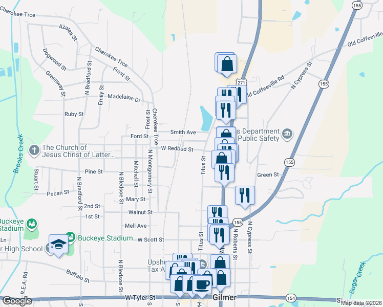 map of restaurants, bars, coffee shops, grocery stores, and more near 111 West Redbud Street in Gilmer
