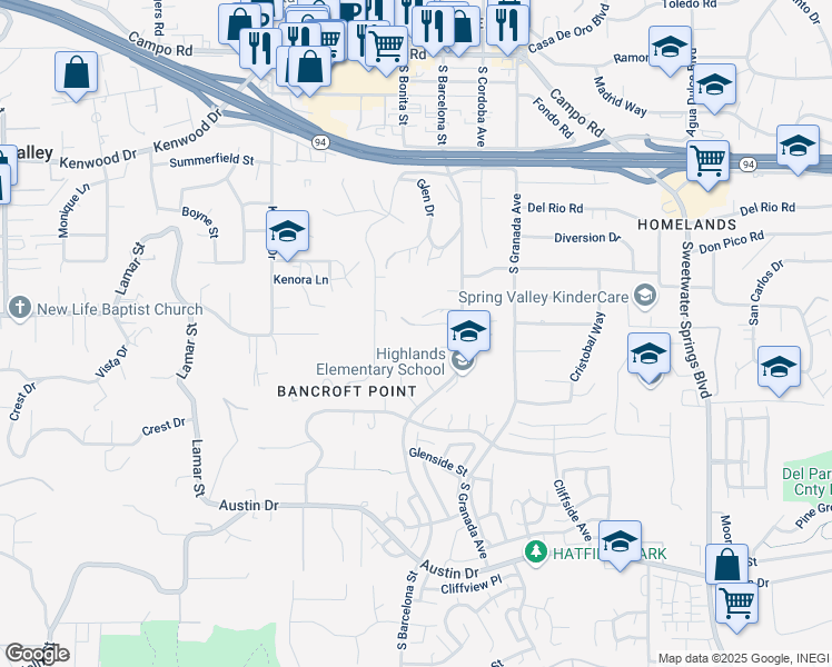 map of restaurants, bars, coffee shops, grocery stores, and more near 9927 Via De Oro in Spring Valley