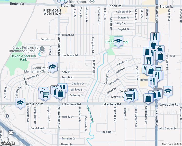 map of restaurants, bars, coffee shops, grocery stores, and more near 7348 Amy Street in Dallas