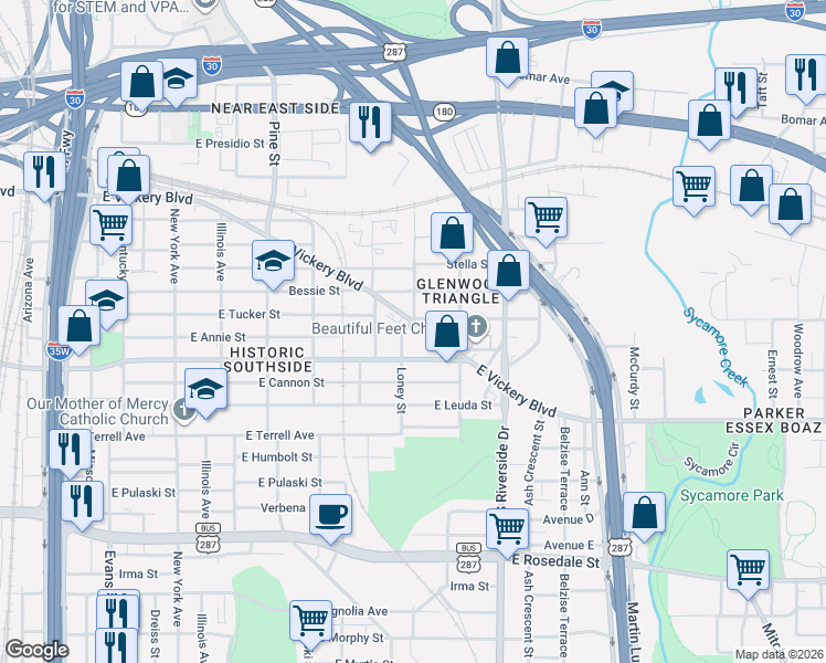map of restaurants, bars, coffee shops, grocery stores, and more near 1604 East Vickery Boulevard in Fort Worth