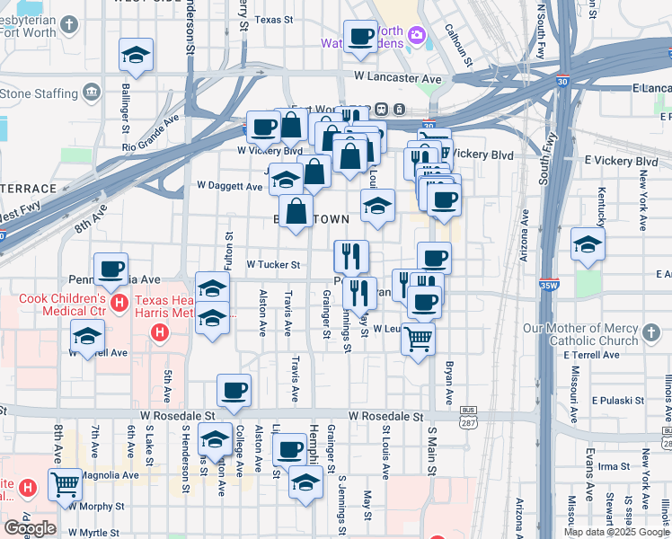 map of restaurants, bars, coffee shops, grocery stores, and more near 510 Pennsylvania Avenue in Fort Worth