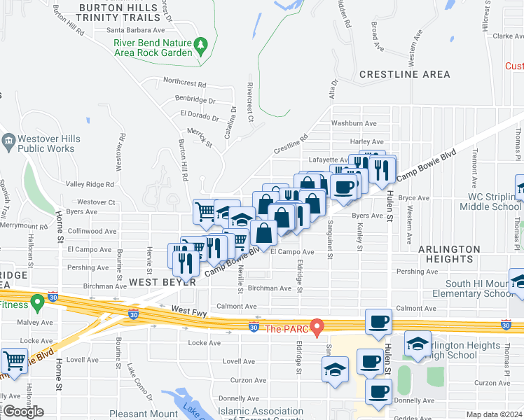 map of restaurants, bars, coffee shops, grocery stores, and more near 5008 Byers Avenue in Fort Worth