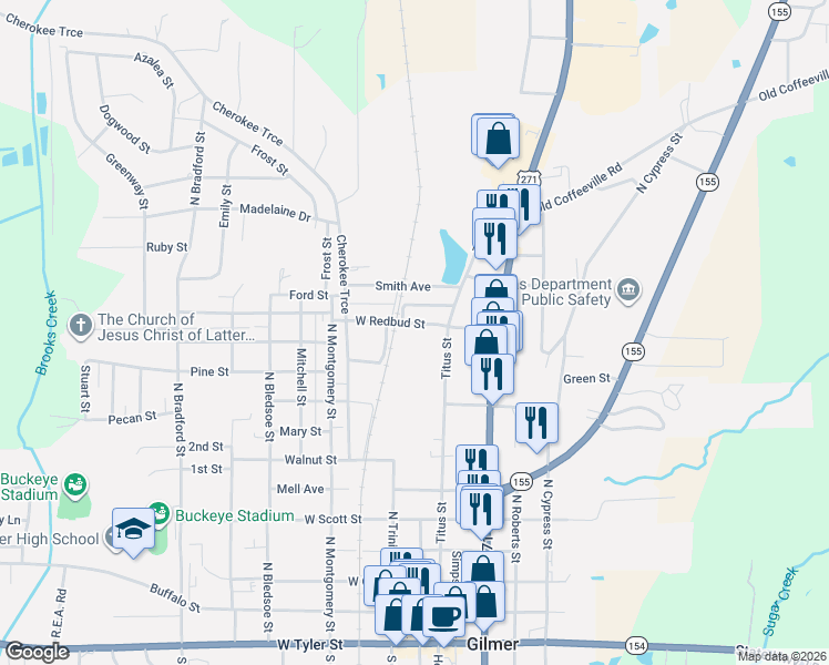 map of restaurants, bars, coffee shops, grocery stores, and more near 111 West Redbud Street in Gilmer