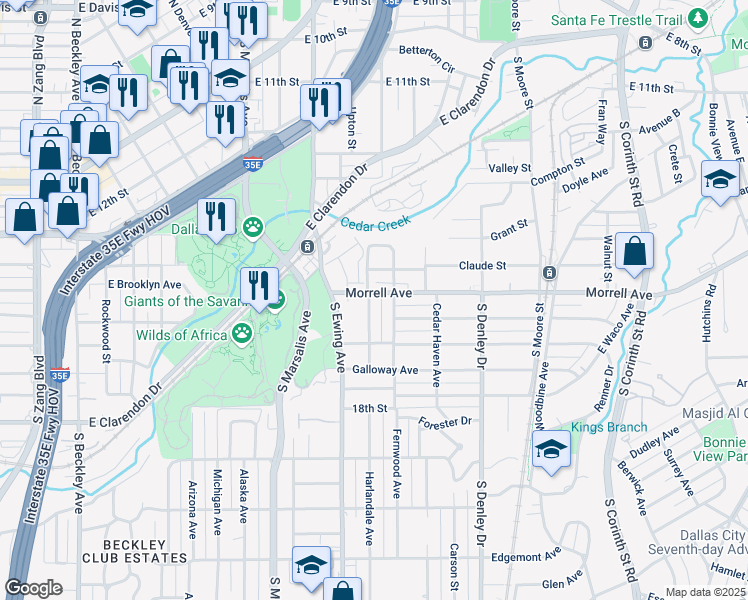 map of restaurants, bars, coffee shops, grocery stores, and more near 904 Morrell Ave in Dallas