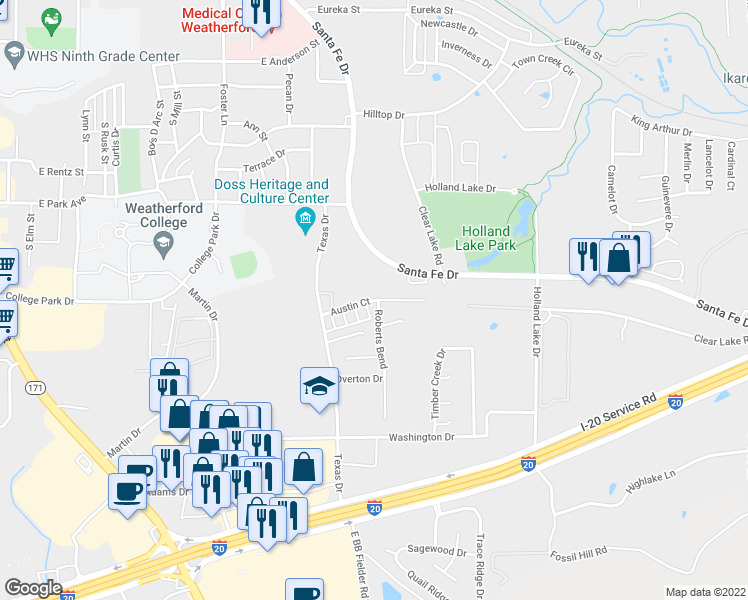 map of restaurants, bars, coffee shops, grocery stores, and more near 949 Austin Court in Weatherford