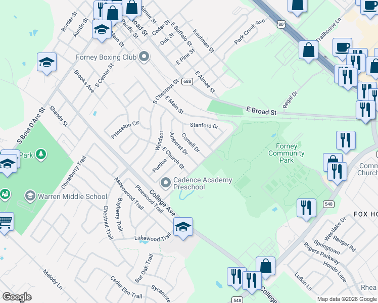 map of restaurants, bars, coffee shops, grocery stores, and more near 225 Amherst Drive in Forney