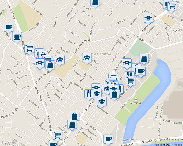 map of restaurants, bars, coffee shops, grocery stores, and more near 2426 Evergreen Street in San Diego
