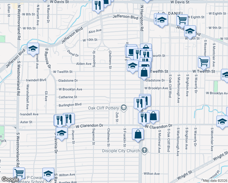 map of restaurants, bars, coffee shops, grocery stores, and more near 2542 West Brooklyn Avenue in Dallas