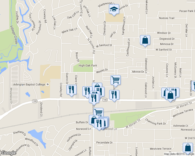 map of restaurants, bars, coffee shops, grocery stores, and more near 435 North Bowen Road in Arlington