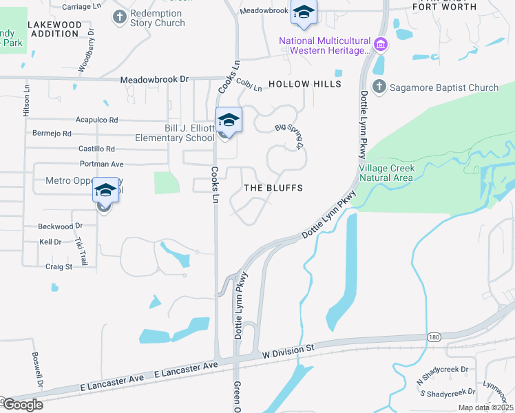 map of restaurants, bars, coffee shops, grocery stores, and more near 8016 Valley Crest Drive in Fort Worth