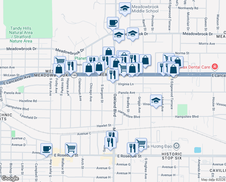 map of restaurants, bars, coffee shops, grocery stores, and more near 4205 Panola Avenue in Fort Worth