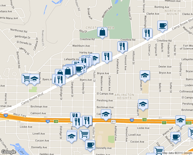 map of restaurants, bars, coffee shops, grocery stores, and more near 4538 Byers Avenue in Fort Worth