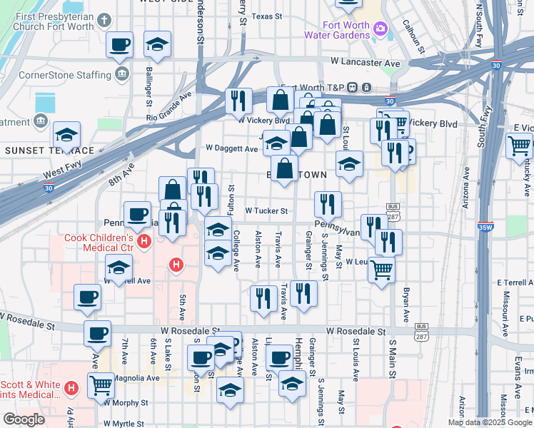 map of restaurants, bars, coffee shops, grocery stores, and more near 552 Lipscomb Street in Fort Worth