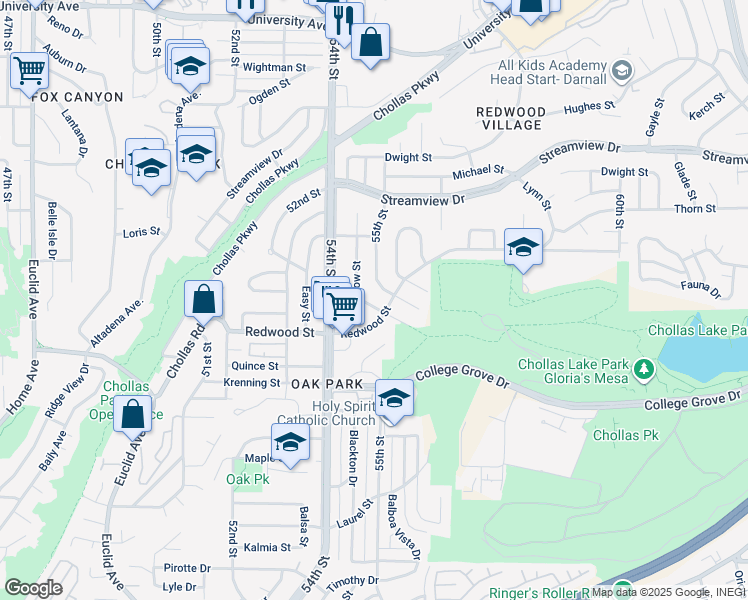 map of restaurants, bars, coffee shops, grocery stores, and more near 5468 Chollas Station Road in San Diego