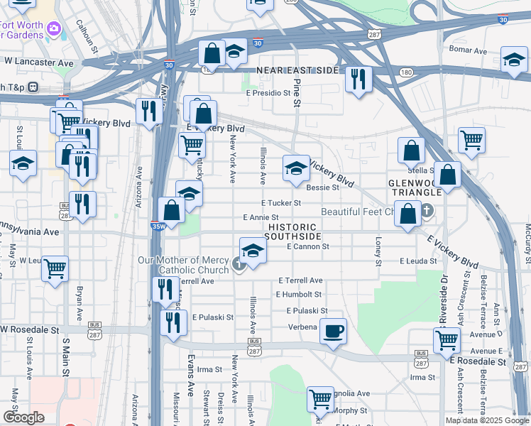 map of restaurants, bars, coffee shops, grocery stores, and more near 1101 East Annie Street in Fort Worth