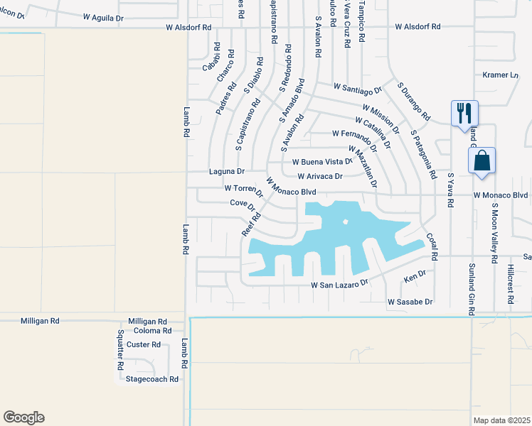 map of restaurants, bars, coffee shops, grocery stores, and more near 10810 Cove Drive in Arizona City